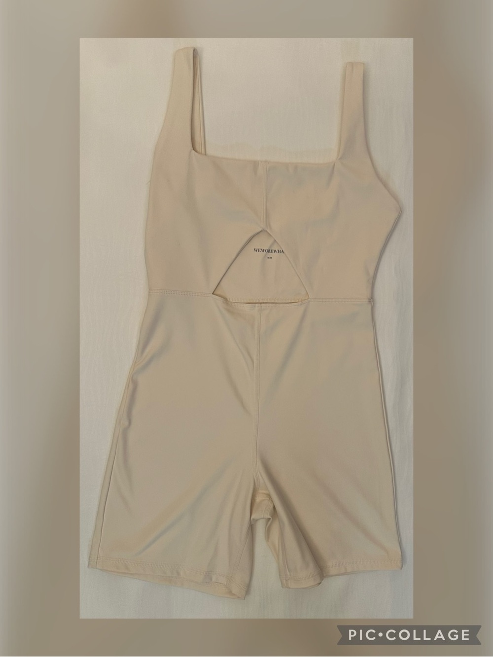 WeWoreWhat Cutout Biker Short Romper Bodysuit Cream Medium